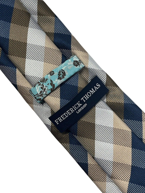 Gold, silver and navy dark blue plaid checked tie